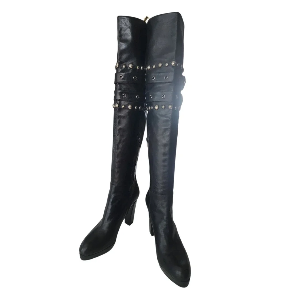 Stuart Weitzman Carnaby Black Leather Studded Buckle Over The Knee Heeled Boot 8
